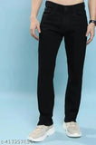 Mens regular slim fit mid-rise black cotton jeans for men, solid pattern with a modern and trendy look. Comfortable mid-rise, available in sizes 28, 30, and 32 (waist 28/30/32, length 40, hip 35/37/39). Indian origin