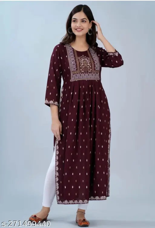 Rayon three-quarter sleeve printed Naira Cut Kurti, vibrant Indian fashion