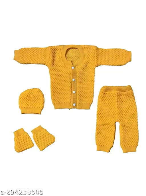 Wool yellow unisex sweater set, self-design net pattern for babies, made in India