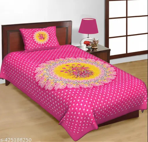 Rajasthani printed cotton single bedsheet with 1 pillow cover, showcases ethnic motifs on 100% pure cotton fabric, ideal for summer and adult use