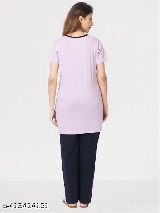 Summer nightwear round neck chest print cotton blend nightsuit for women and girls, perfect for warm nights and leggings or tight jeans