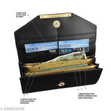 Black faux leather women's wallet with 4 card slots, phone pocket, and 3 zipper compartments. Compact yet spacious design for easy portability, made in India