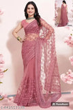Embroidered Bollywood net saree with unstitched blouse in satin, Indian fashion accessory