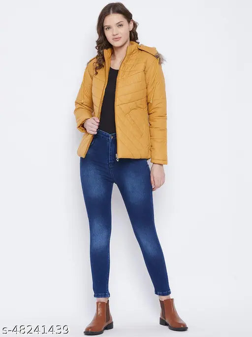 Mustard polyester women's parka jacket, Vero Amore brand, full sleeve, solid design, quilted with polyfill, detachable faux fur hood, 3 pockets (1 inside, 2 outside), size M & L, made in India