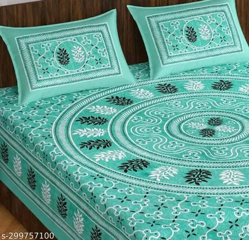 Jaipuri cotton double bed sheet & pillow covers (90x100), vibrant ethnic motifs on regular-quality flat sheets, ideal for summer - India origin