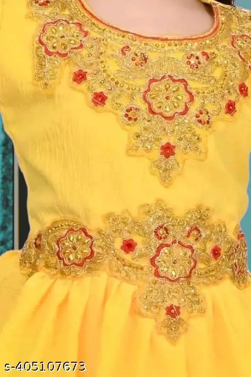 Georgette kids sharara set with embellished A-line palazzos and three-quarter sleeves, ideal for summer parties. Indian-made cotton blend dress, sizes 6-7 to 9-10 years