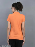 Orange cotton blend polo neck t-shirt for women, solid design, short sleeves, India origin
