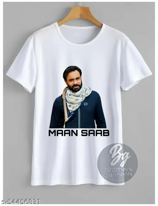 Babbu Maan printed polyester short sleeves t-shirt, Indian pop culture apparel on model (M/42in, L/44in, XL/48in sizes available)