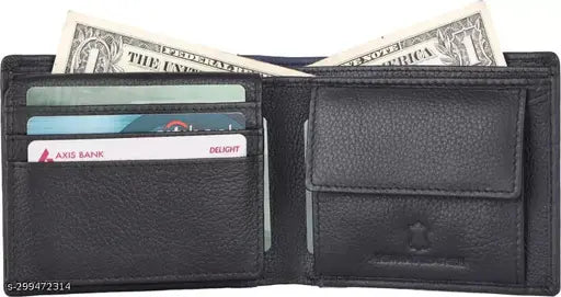 Black pure leather men's wallet with RFID protection, featuring 2 compartments, 6 card slots, and hidden pockets. Perfect Diwali gift for men