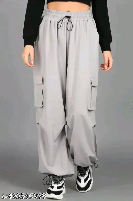 Stylish solid polyester women's cargo pants, sizes S-XL from India