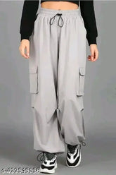 Grey women's cargo pants with drawstring ties