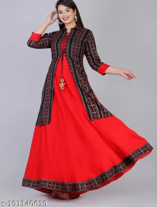Refined women's cotton rayon Anarkali kurta with shrug set, three-quarter sleeves, printed, Made in India (Pack of 1)