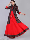 Refined women's cotton rayon Anarkali kurta with shrug set, three-quarter sleeves, printed, Made in India (Pack of 1)