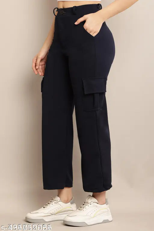 Black cotton blend cargo pants, high-rise, elastic waist, ankle length, slim fit with front seam detail, Nomi Indy Made, India