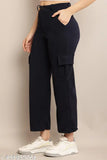 Black cotton blend cargo pants, high-rise, elastic waist, ankle length, slim fit with front seam detail, Nomi Indy Made, India