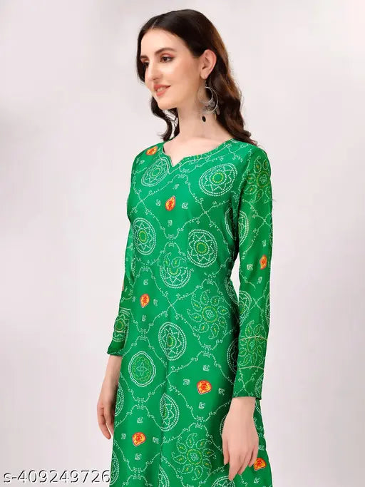Green cotton blend Anarkali kurti & dupatta set (no bottom), Georgette fabric, long sleeves, bandhej print design by FGPL BRAND