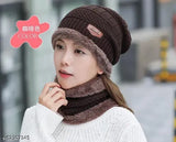 Dark brown winter cap & scarf combo (1 set), premium imported snow-proof, unisex woolen beanie & scarf. Soft, textured knit design perfect for women, girls, and adults