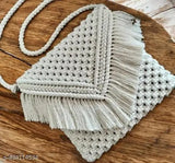 Handcrafted cotton macrame clutch bag with tassels and embroidery - Jute, 1 compartment, free size (9in x 10in)