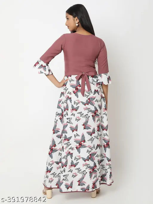 High-quality printed crepe maxi dress, 6-15 years, rose flower pattern, round neck, suitable for parties or special occasions, Indian designer brand