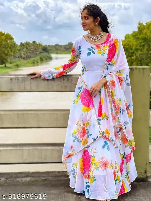 New Printed Georgette Gown, long sleeves, Indian-made maxi dress for women