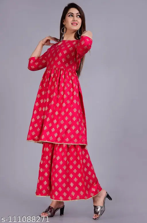 Rayon kurta and sharara set, printed net pattern, women's three-quarter sleeve suit, Indian ethnic wear