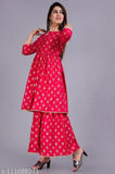 Rayon kurta and sharara set, printed net pattern, women's three-quarter sleeve suit, Indian ethnic wear