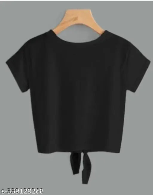 Black knot crop top with 5 heart prints, lycra material, trendy women's clothing, short sleeves, India origin