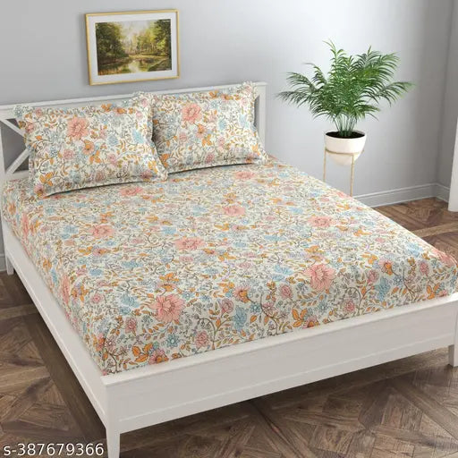 Alliance Glace Cotton Superfine Floral Fitted King Size Double Bed Sheet, 72" x 78" x 8", includes 2 pillow covers ideal for summer, perfect for adults