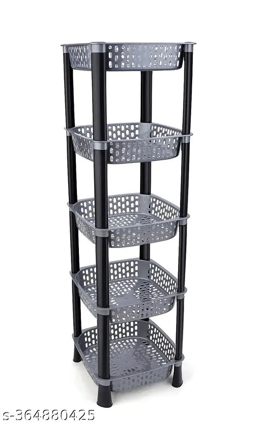 Grey plastic kitchen trolley with dish rack, 5-layer fruit & vegetable organizer stand for food storage & snacks