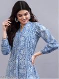 Blue viscose kurti with long sleeves and printed blue flower pattern, showcases a single style from India. S (36in bust, 32in length), M (38in bust, 32in length), L (40in bust, 32in length), XL (42in bust, 32in length), XXL (44in bust, 32in length)