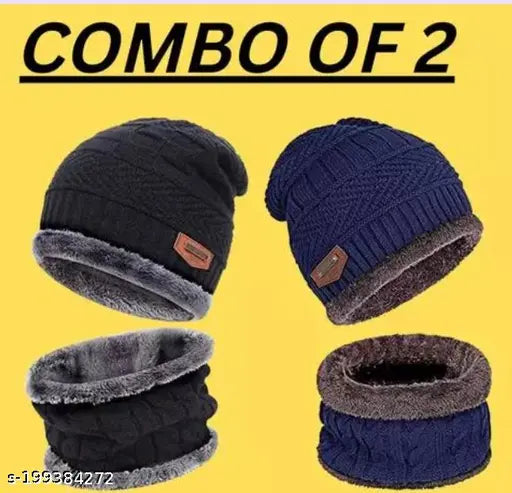 Woolen winter beanie cap & scarf set (navy blue & black) with faux fur lining - unisex warm wear for men, women, girls, boys
