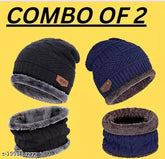 Woolen winter beanie cap & scarf set (navy blue & black) with faux fur lining - unisex warm wear for men, women, girls, boys