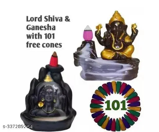 Resin-made Dopin Adiyogi Mahadev shiv shankara and yellow Ganesh smoke backflow combo, 2 idols with 101 free cones. Indian God figurines on display