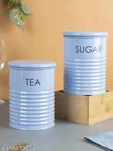 GreyFox Tea & Sugar Jar Set - Airtight Metal Containers (900ml x 2), Striped Cylindrical Design, Light Blue Galvanized Iron