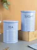 GreyFox Tea & Sugar Jar Set (2pcs, 900ml), light blue galvanised iron cylindrical containers with striped design, ideal for home kitchen storage and modular kitchen drawers