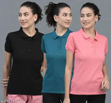 Teal cotton blend polo neck t-shirts pack of 3 - Indian-made women's athleisure wear, featuring short sleeves and easy pull-on clasp