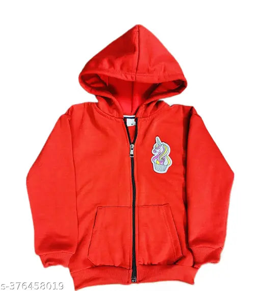 Cotton unicorn jacket/hoodie for girls, printed with whimsical design, long sleeves, zip front, soft brushed inside, size 2-3 years (waist size: 13 in), made in India