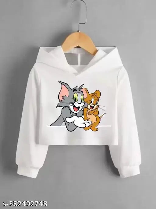 White printed round neck crop t-shirt with hood, soft fabric and long sleeves. Exclusive design by JSR knits for summer wear