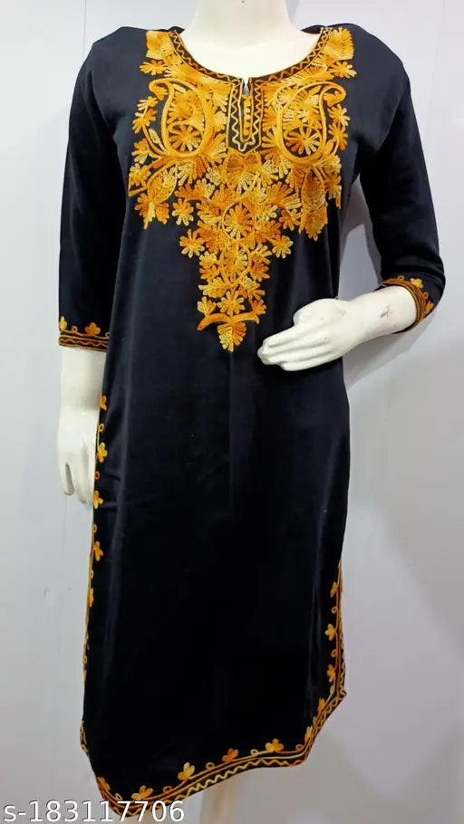 Stylish black & yellow embroidered woolen kurti, three-quarter sleeves. Indian women's fashion, perfect for day, wedding, casual, office, or evening wear