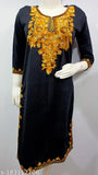 Stylish black & yellow embroidered woolen kurti, three-quarter sleeves. Indian women's fashion, perfect for day, wedding, casual, office, or evening wear