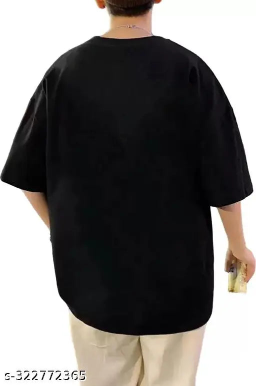 Oversized printed cotton blend t-shirt, black with anime graphics, men's round neck, down shoulder cut, size M (40in chest, 28in length), made in India