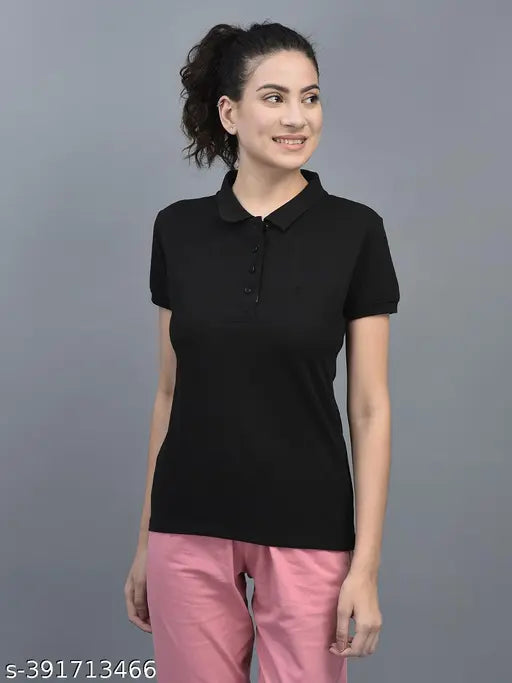 Black cotton blend polo neck t-shirts pack of 2, India - Dollar Women's solid athletic wear for casual style