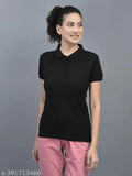 Black cotton blend polo neck t-shirts pack of 2, India - Dollar Women's solid athletic wear for casual style