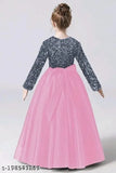 Embellished net party dress with sequin work on velvet and soft touch nylon net, full length for girls aged 3-15 years, India origin