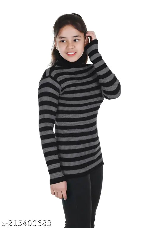 Woolen striped full sleeves high neck pullover for winters - Kid Girls size and free size