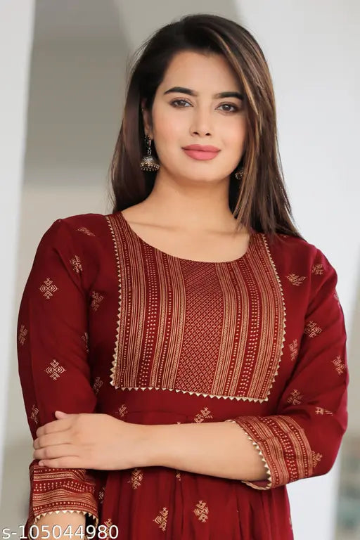 Women's rayon Anarkali kurti with printed combo, three-quarter sleeves, L size (bust 40in, length 43in), Indian origin