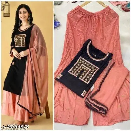 Rayon embroidered Chitrarekha dupatta set for women, three-quarter sleeves, Sharara bottomwear, Made in India
