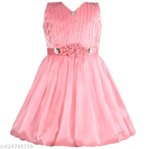 Silver Kraft Peach Pleated A-Line Dress, sleeveless knee-length girls frock with V-neck, polyester Orgenza fabric, India origin