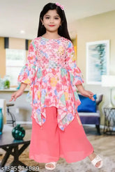 Embellished chiffon Anarkali plazzo set for kids, Indian ethnic top with A-line shape and three-quarter sleeves