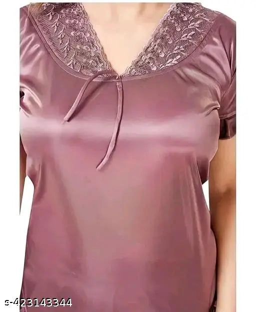 Stylish wine-colored satin nighty set (top & dhoti), ideal for wedding/honeymoon nights, features short sleeves & patiala pants, size S-XL